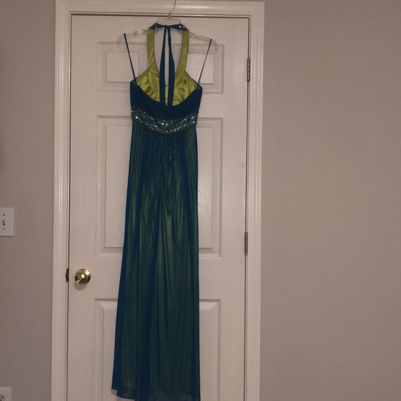 Caché emerald teal gown with neon yellow green lining, size 2 - Picture 4 of 11
